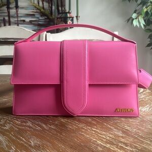 Jacquemus Le Grand Bambino Long Neon Pink Leather Shoulder Bag New